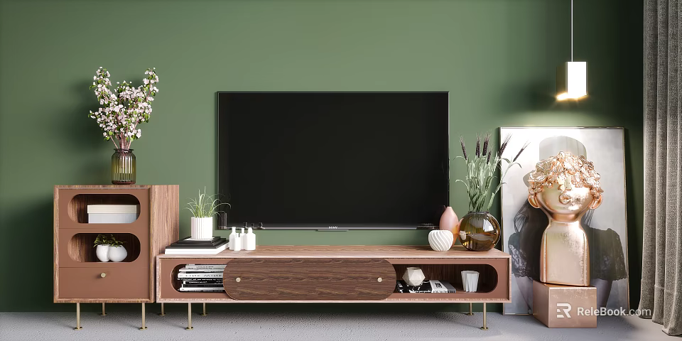Modern Wooden TV Stand With TV Green Wall Plants Books And Decor 3d model 