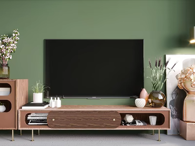 Modern Wooden TV Stand With TV Green Wall Plants Books And Decor 3d model