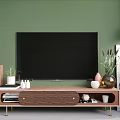 Modern Wooden TV Stand With TV Green Wall Plants Books And Decor