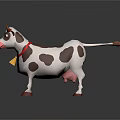 Cartoon Cow with Brown Spots Red Collar and Bell Standing on Dark Background