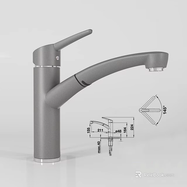 Modern Stainless Steel Faucet with Technical Drawing and Dimension Details 3d model 