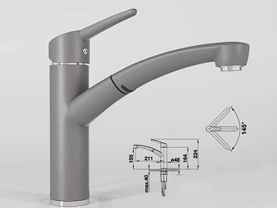Modern Stainless Steel Faucet with Technical Drawing and Dimension Details 3d model