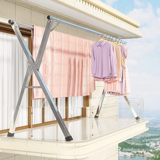 Outdoor Metal Clothes Drying Rack with Hanging Pink Shirts and Bed Sheet on Balcony 3d model 