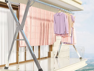 Outdoor Metal Clothes Drying Rack with Hanging Pink Shirts and Bed Sheet on Balcony 3d model