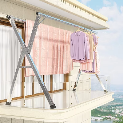 Outdoor Metal Clothes Drying Rack with Hanging Pink Shirts and Bed Sheet on Balcony 3d model
