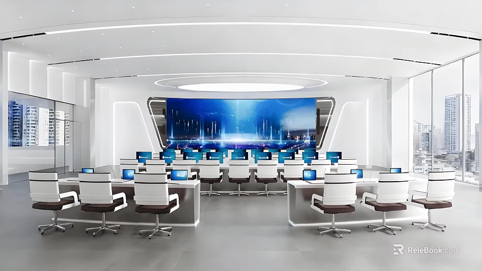 Modern Control Room Interior With Large Screen Display Multiple Workstations And Office Chairs 3d model