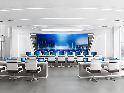 Modern Control Room Interior With Large Screen Display Multiple Workstations And Office Chairs 3d model