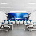 Modern Control Room Interior With Large Screen Display Multiple Workstations And Office Chairs 3d model