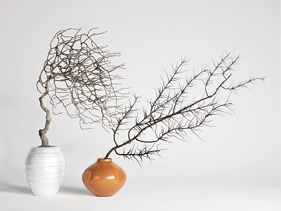 Bonsai Plants in White and Orange Ceramic Vases with Slender Bare Branches for Minimalist Decor 3d model
