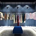 Clothing Store Interior Design With Hanging Clothes Various Colors Blue Walls And Blue Display Bench