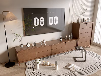 Modern Wooden TV Stand With TV Decorative Plants Floor Lamp And Rug 3d model