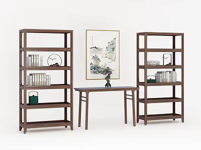 Elegant Wooden Display Shelves with Books Decorations and Table Against Painting Background 3d model