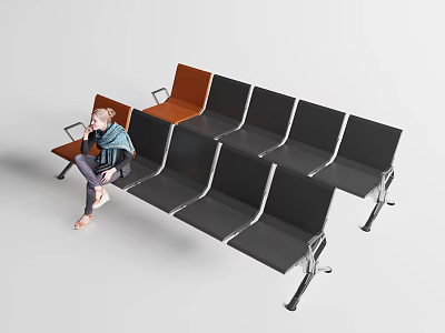Public Waiting Area Metal Chairs With Black And Brown Seats Arranged In Rows 3d model