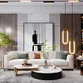 Modern Living Room Interior With Beige Sofa Coffee Tables Plants Pendant Lights And Wall Art