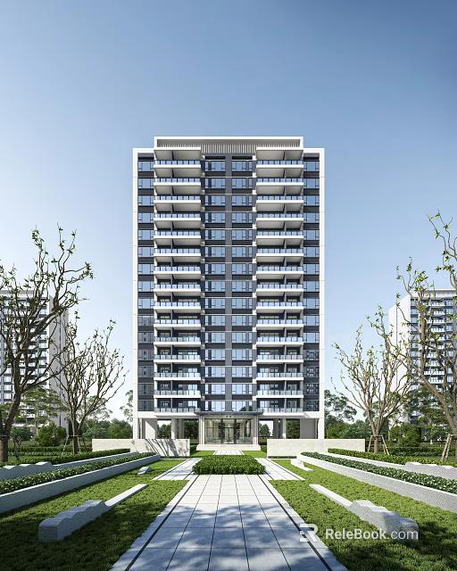 Modern High Rise Residential Building With Balconies And Surrounding Greenery 3d model 