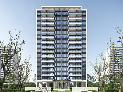 Modern High Rise Residential Building With Balconies And Surrounding Greenery 3d model