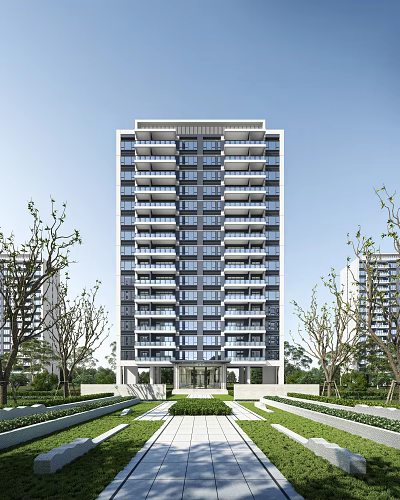 Modern High Rise Residential Building With Balconies And Surrounding Greenery 3d model
