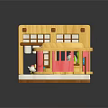 Miniature Wooden Building With Pink Tram And Steps On Wooden Floor