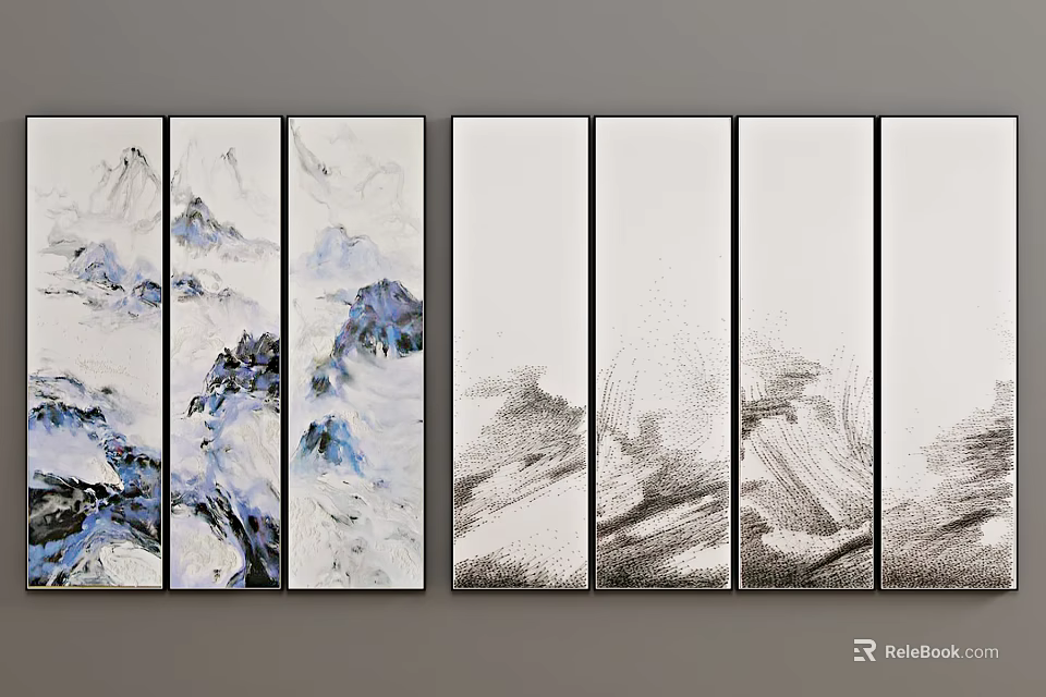Multi Panel Landscape Paintings With Blue White And Black White Wall Decor Art 3d model