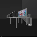 Modern Two Story Exhibition Space With Glass Railing Digital Screen And Staircase Under Column Platform