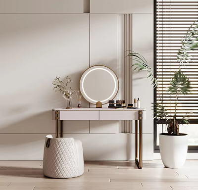 White Dressing Table Interior with Gold Legs Round Mirror Cosmetics and Potted Plant 3d model