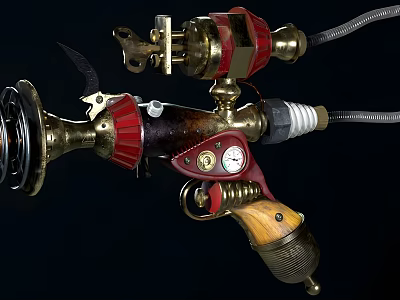 Steampunk Style Weapon With Brass Components Red Accents Wooden Grip Gears And Gauge 3d model
