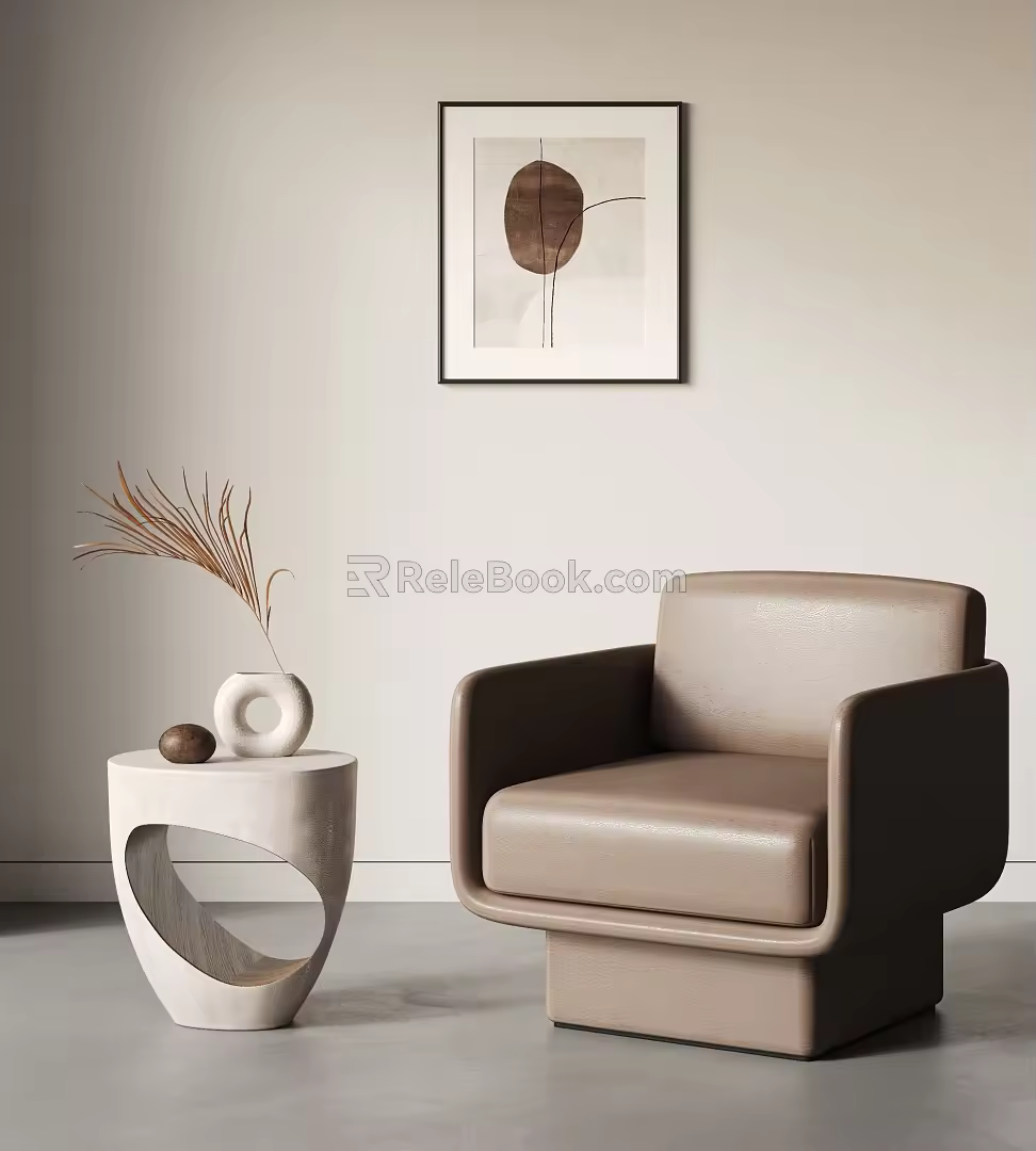 Modern Single Sofa Side Table Leather Single Sofa Decorative Painting Ornaments 3d model