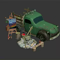 Green Vintage Truck With Easel Canvas Paint Buckets And Wood Logs Around