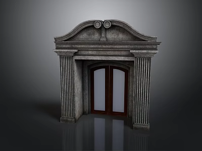 Classical Stone Entrance Door With Double Wooden Panels Arched Top And Fluted Columns 3d model