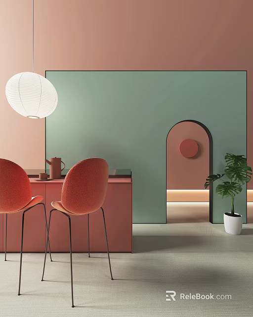 Bar Counter With Red Chairs White Pendant Light Green Plant And Pink Green Walls 3d model 