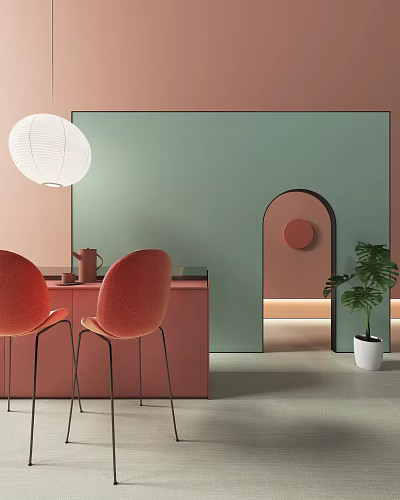 Bar Counter With Red Chairs White Pendant Light Green Plant And Pink Green Walls 3d model