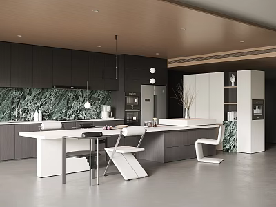 Modern Open Restaurant Interior With Dark Cabinets Green Marble Wall And White Chairs 3d model
