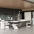 Modern Open Restaurant Interior With Dark Cabinets Green Marble Wall And White Chairs