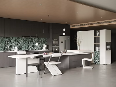 Restaurant Open Kitchen Island Table Dining Table and Chair Combination Chandelier Dining Edge Decorative Cabinet Household Appliances Kitchen Electric 3d model