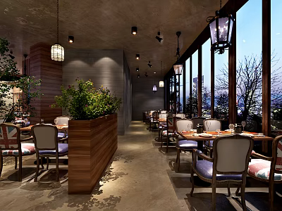 Cozy Restaurant Interior Featuring Pendant Lights Wooden Partition Green Plants And Night View 3d model