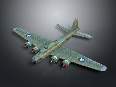 Military Green Fighter Aircraft Featuring Four Engines And Star Emblems On Wings Against Dark Background 3d model