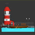 Traditional Wooden Rowing Boat Near Red Lighthouse Dock With Bench And Street Lamp