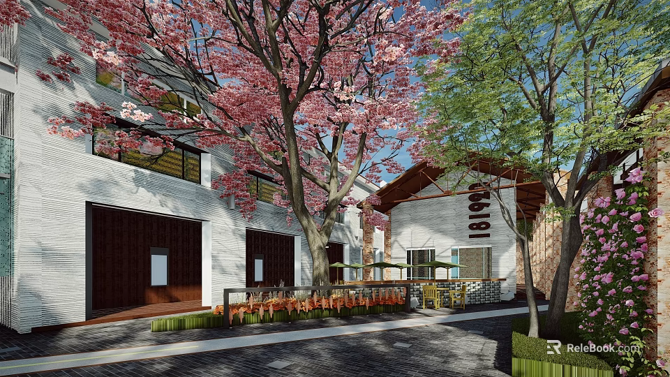 Commercial Landscape Design With Cherry Blossom Trees White Architecture And Outdoor Courtyard 3d model 