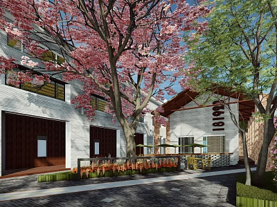 Commercial Landscape Design With Cherry Blossom Trees White Architecture And Outdoor Courtyard 3d model