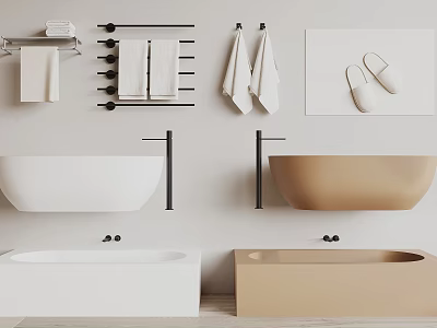 Modern Bathroom Bathtub Collection White Beige Floating Freestanding With Towel Rack Towels Slippers Bath Mat 3d model