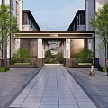 Serene Garden Landscape with Patterned Stone Pathway Hedges Trees Sculpture and Evening Lighting