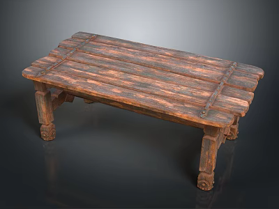 Vintage Wooden Dining Table with Plank Top and Carved Legs Rustic Design 3d model
