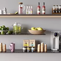 Modern Kitchen Shelves Featuring Household Appliances Fresh Fruits Mugs Jars And Kettle