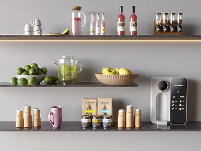 Modern Kitchen Shelves Featuring Household Appliances Fresh Fruits Mugs Jars And Kettle 3d model