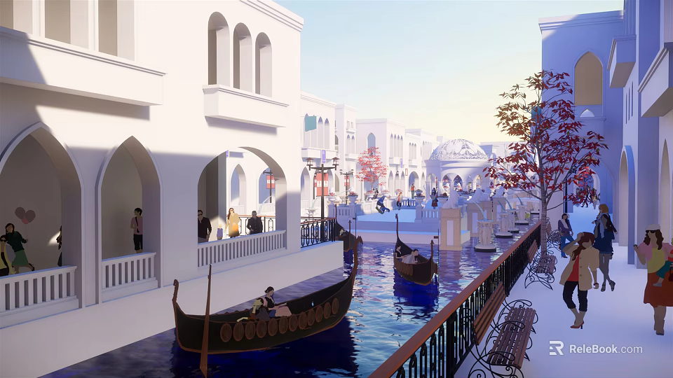 Scenic Commercial Street with White Arched Buildings Water Canal Gondola Boats and Pedestrians 3d model 