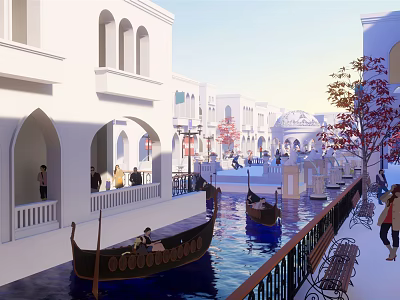 Scenic Commercial Street with White Arched Buildings Water Canal Gondola Boats and Pedestrians 3d model