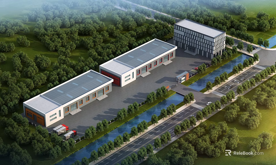 Industrial Factory Complex With Multiple Buildings Green Landscaping And River Access 3d model