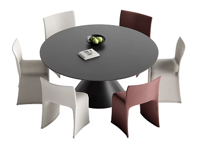 Round Black Dining Table Set With Six Gray And Burgundy Chairs Fruit Bowl And Book 3d model