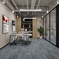 Modern Office Interior With White Chairs Long Table Wall Posters Hanging Lights And Green Plants