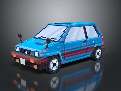 Pixel Art Blue Retro Car With Colorful Stripes And White Wheels 3d model